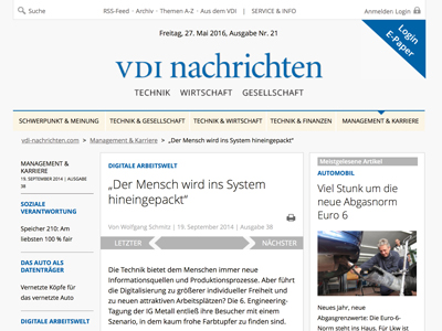 VDI Nachrichten – Pfeiffer – Der Mensch wird ins System hineingepackt